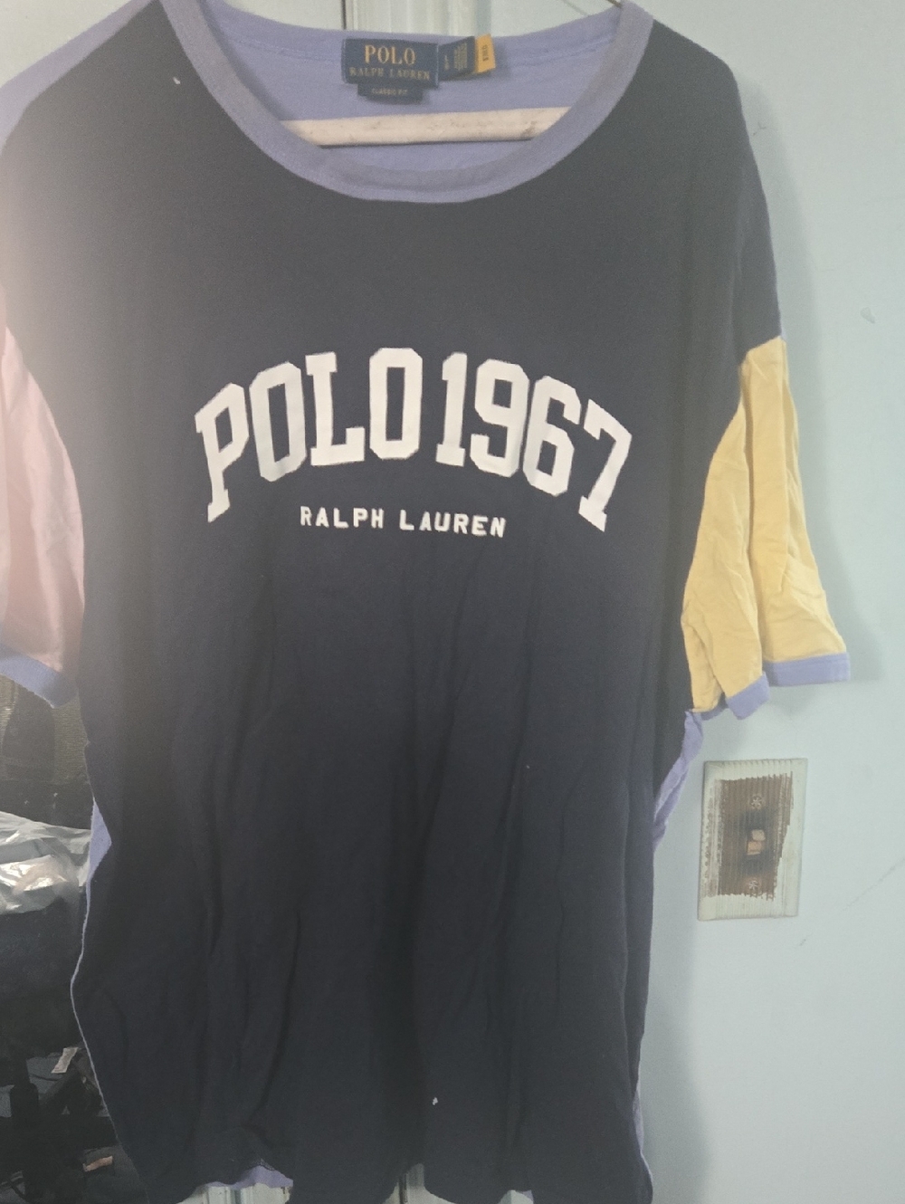 Ralph Lauren Navy Tee with Yellow & Lavender Sleeves